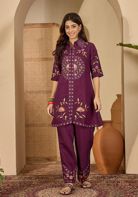 Purple Embroidery Silk Co Ord Set