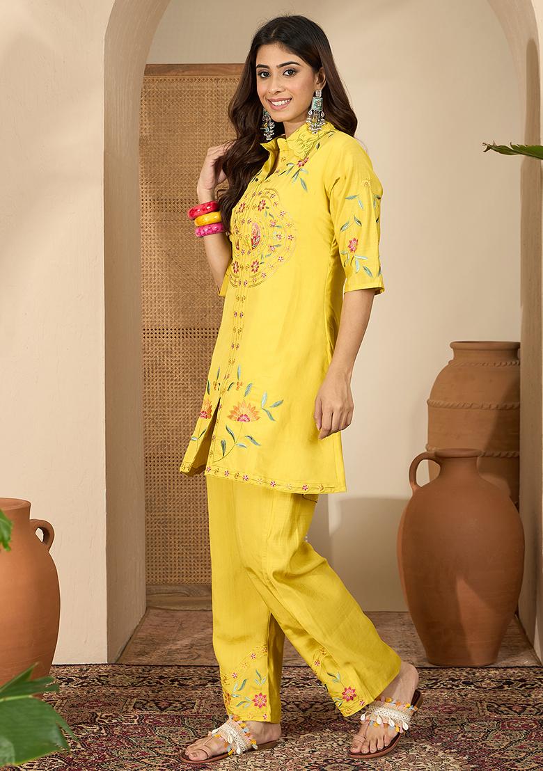 Yellow Embroidery Silk Co Ord Set - Indya