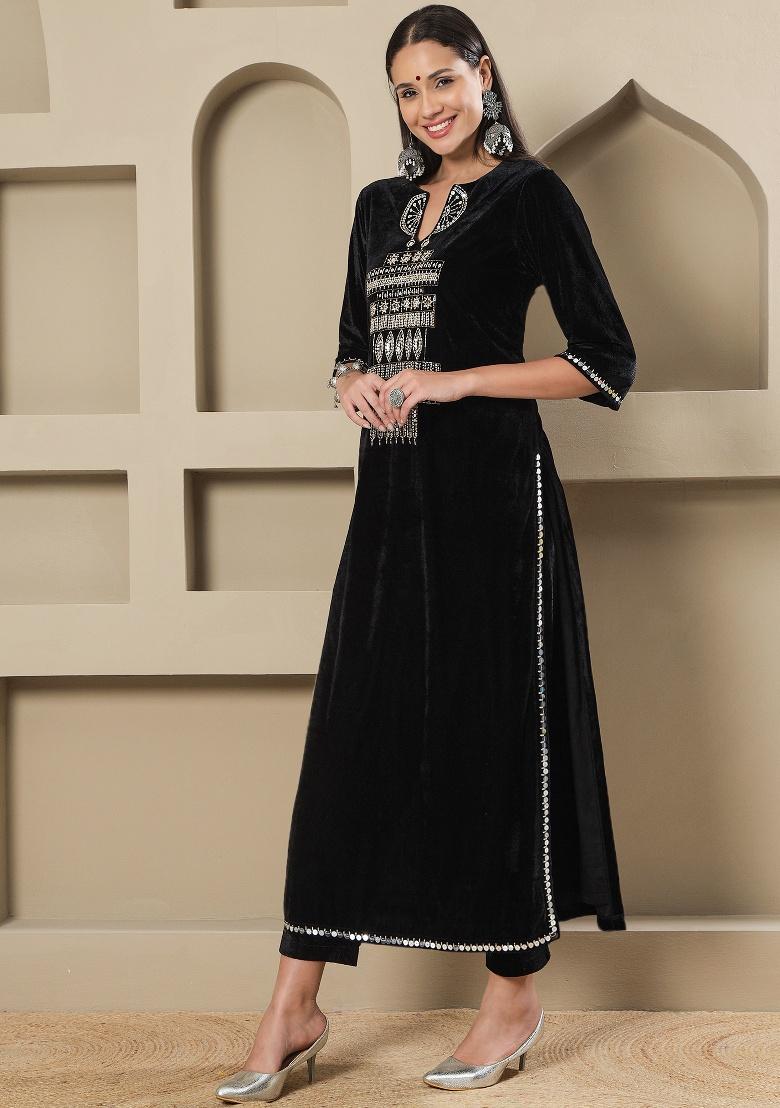 Black Embellishment Velvet Co Ord Set - Indya