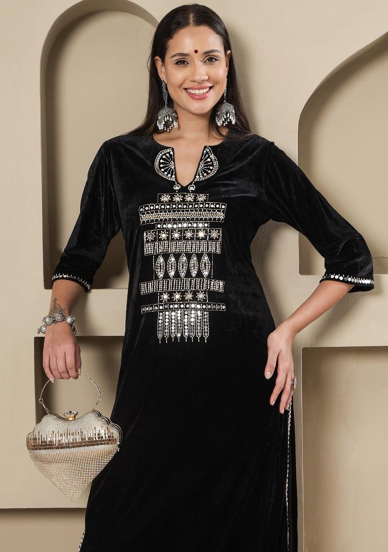 Black Embellishment Velvet Co Ord Set - Indya