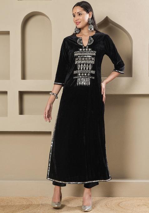 Black Embellishment Velvet Co Ord Set