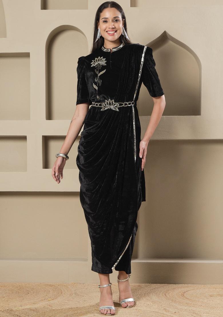 Black Embellishment Velvet Co Ord Set - Indya