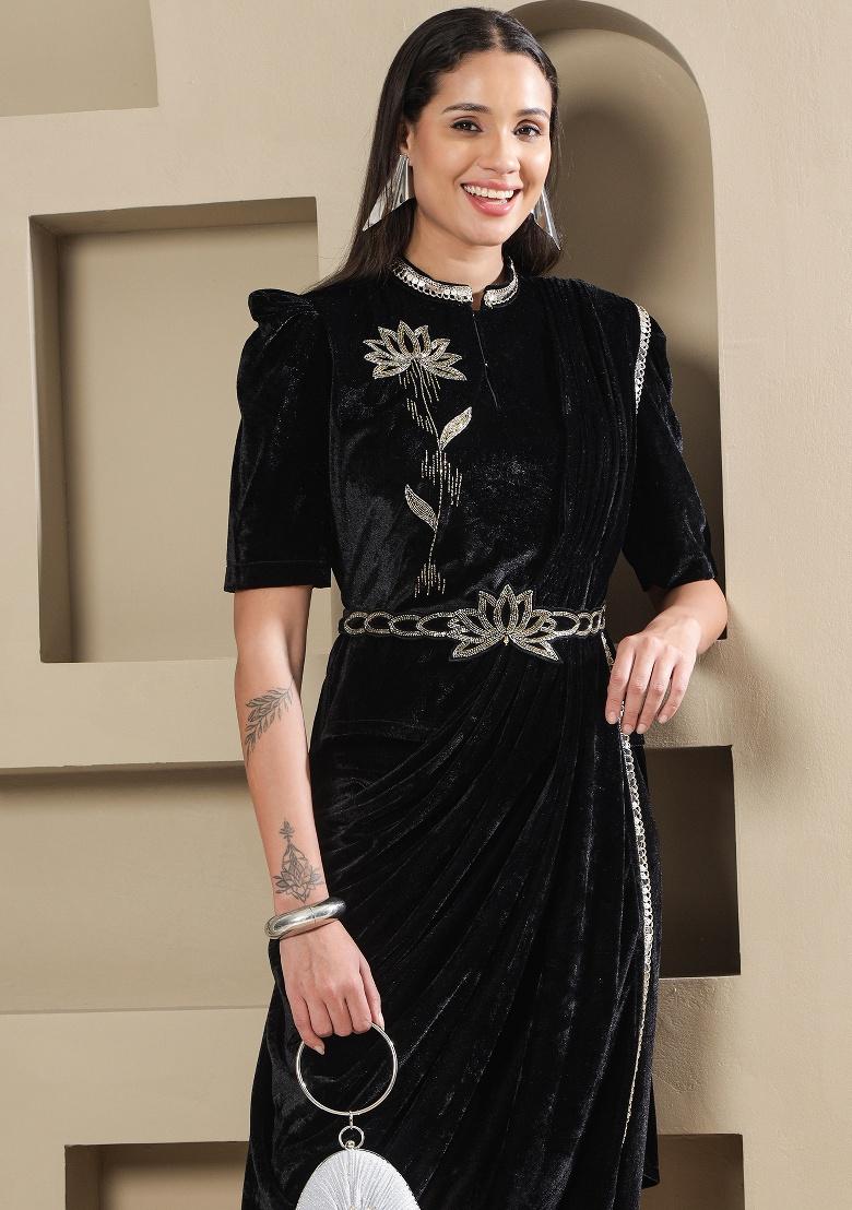 Black Embellishment Velvet Co Ord Set - Indya