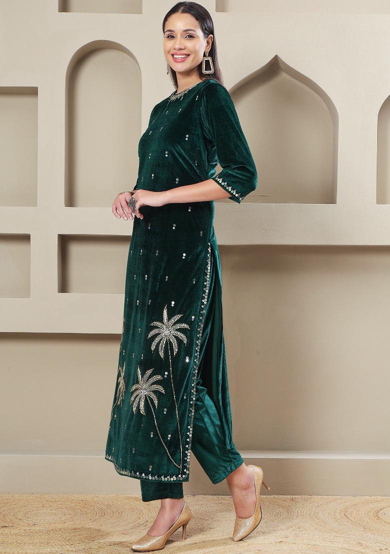 Green Embellishment Velvet Co Ord Set - Indya