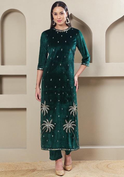 Green Embellishment Velvet Co Ord Set
