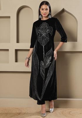 Black Embellishment Velvet Co Ord Set