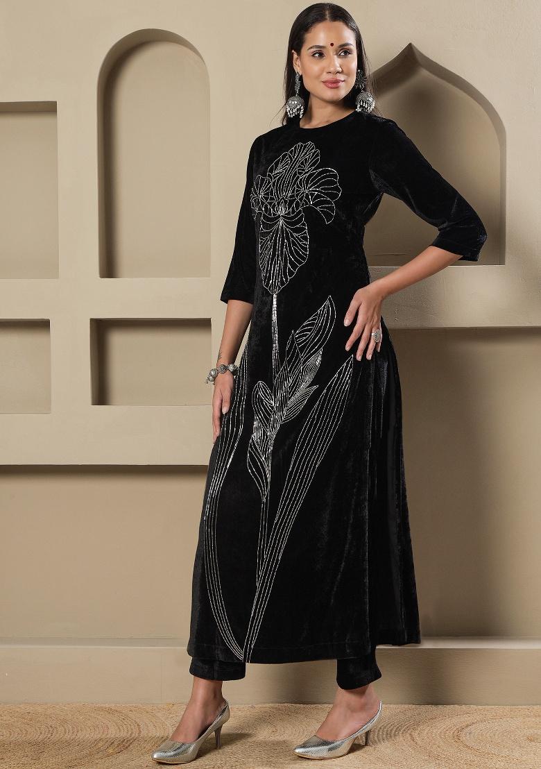 Black Embellishment Velvet Co Ord Set - Indya