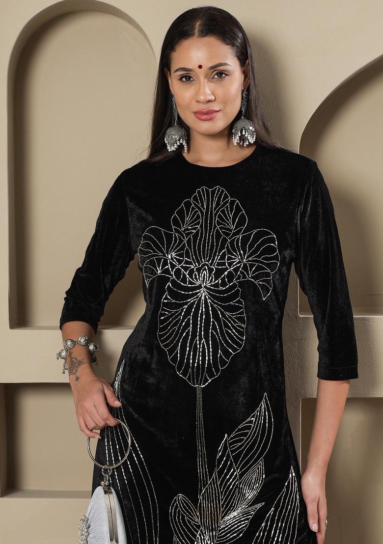 Black Embellishment Velvet Co Ord Set - Indya