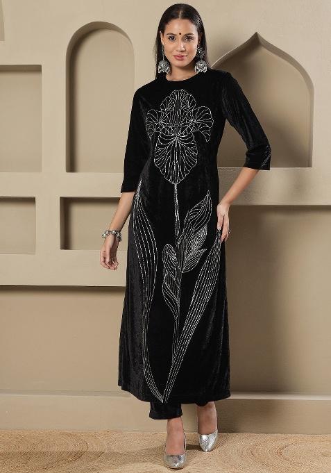 Black Embellishment Velvet Co Ord Set