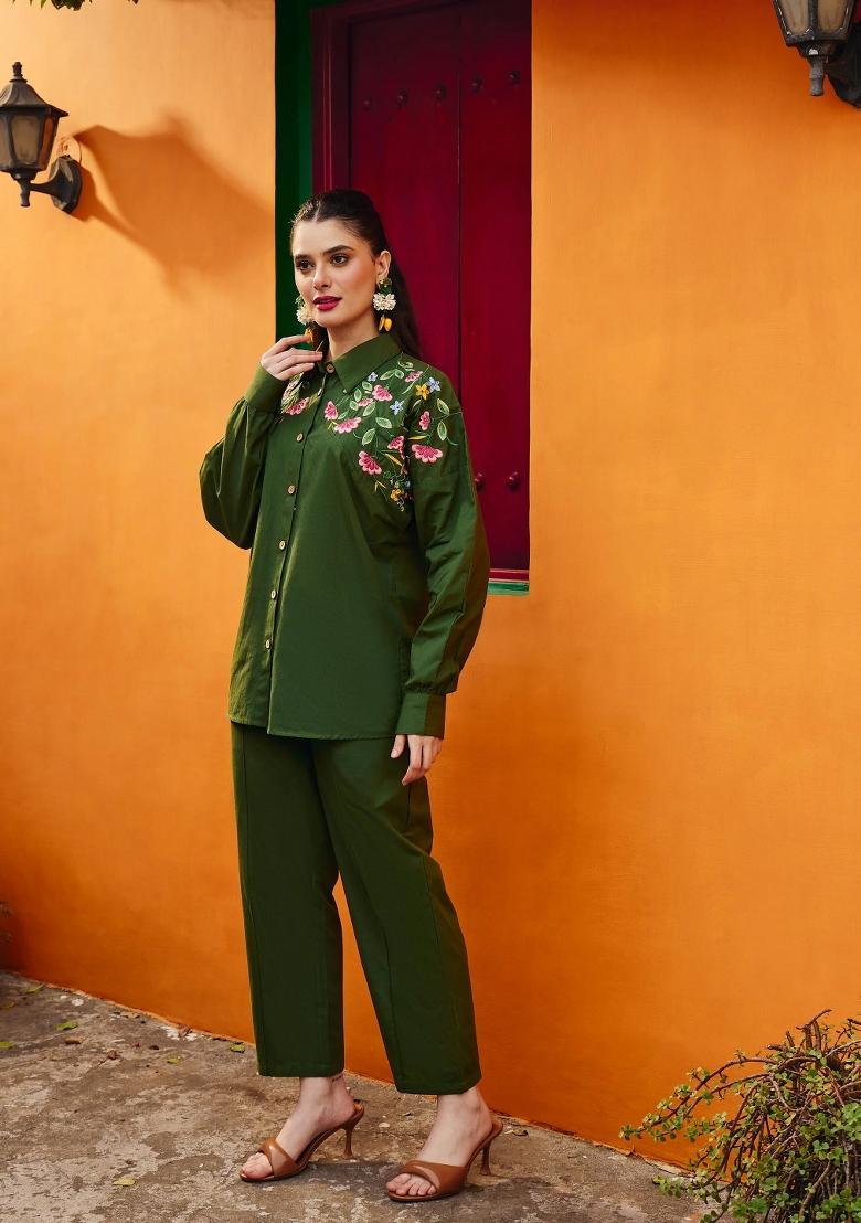 Olive Solid Poplin Co Ords Set - Indya