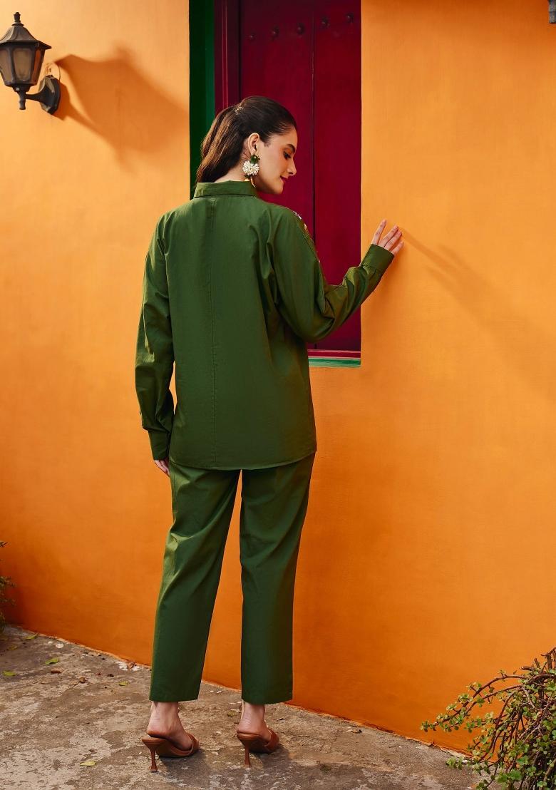 Olive Solid Poplin Co Ords Set - Indya