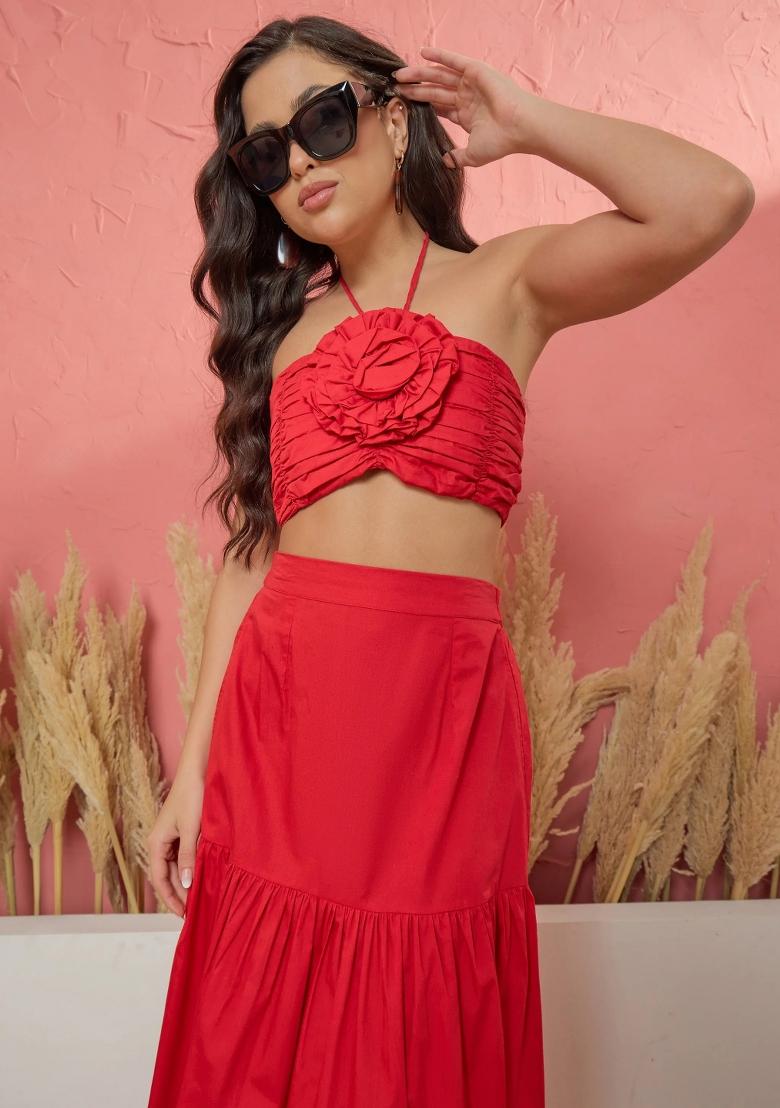 Red Solid Poplin Co Ords Set - Indya