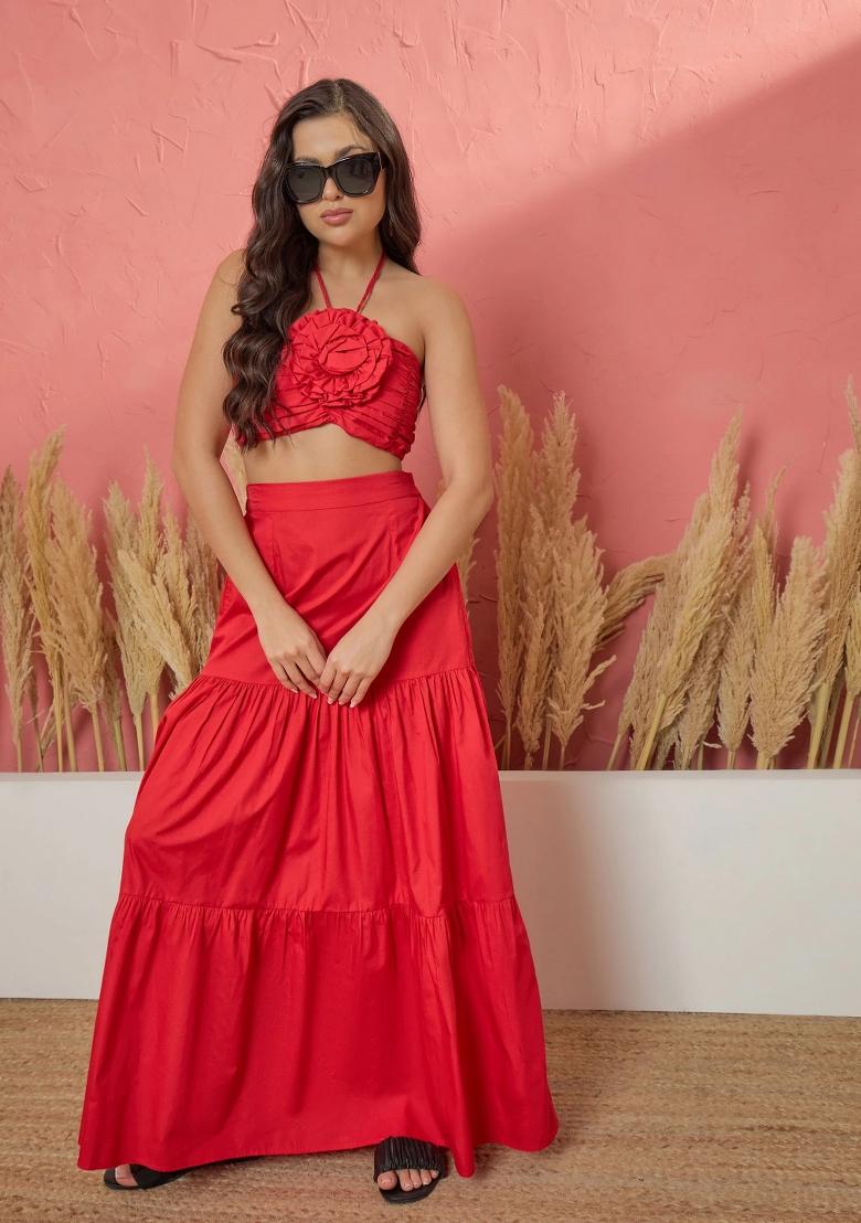 Red Solid Poplin Co Ords Set - Indya