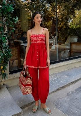 Red Solid Cotton Co Ords Set