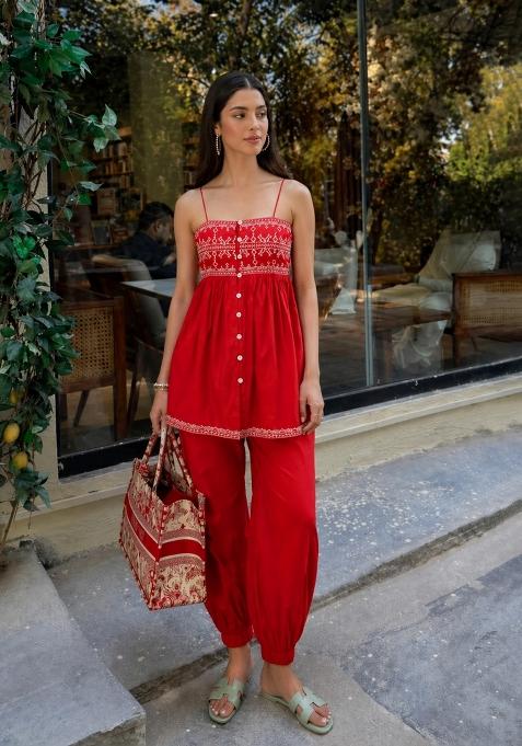 Red Solid Cotton Co Ords Set