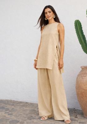 Beige Solid Cotton Co Ords Set