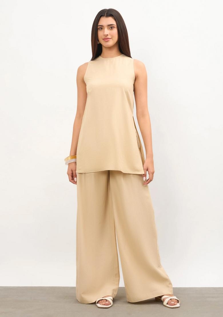 Beige Solid Cotton Co Ords Set - Indya