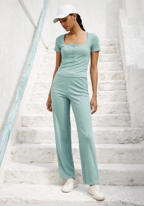 Sea Green Solid Cotton Co Ords Set