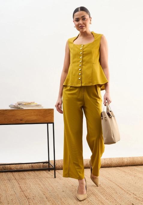 Lemon Solid Polyester Co Ords Set