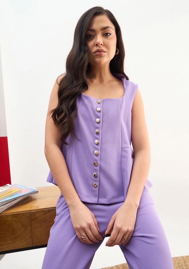 Purple Solid Polyester Co Ords Set - Indya