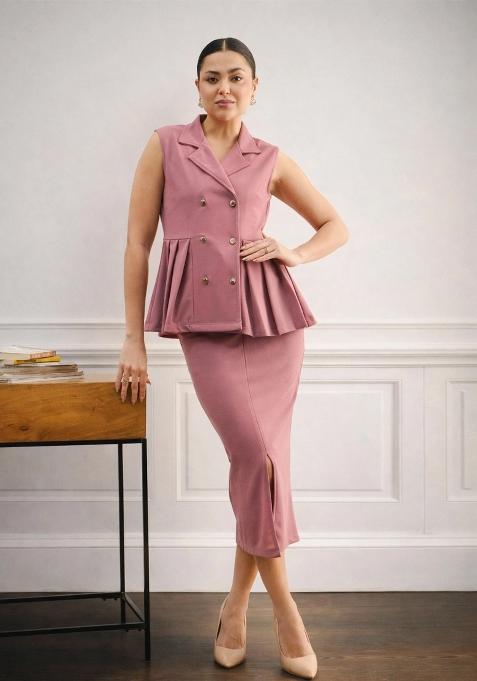 Pink Solid Polyester Co Ords Set