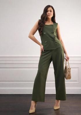 Olive Solid Polyester Co Ords Set