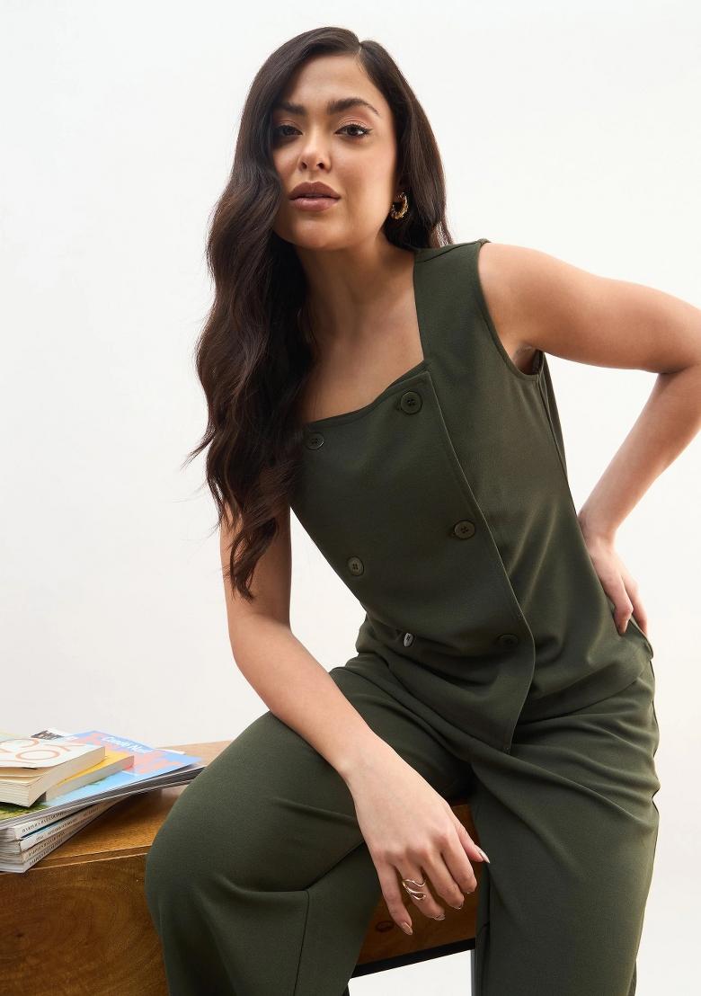 Olive Solid Polyester Co Ords Set - Indya
