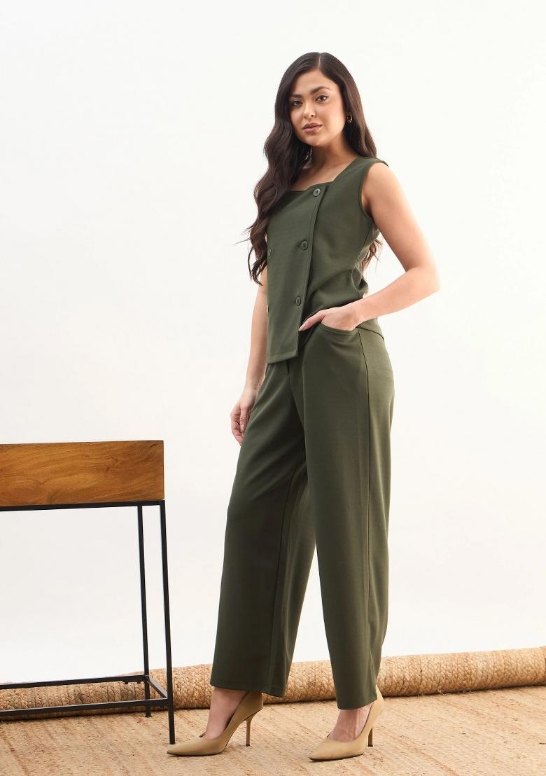 Olive Solid Polyester Co Ords Set - Indya