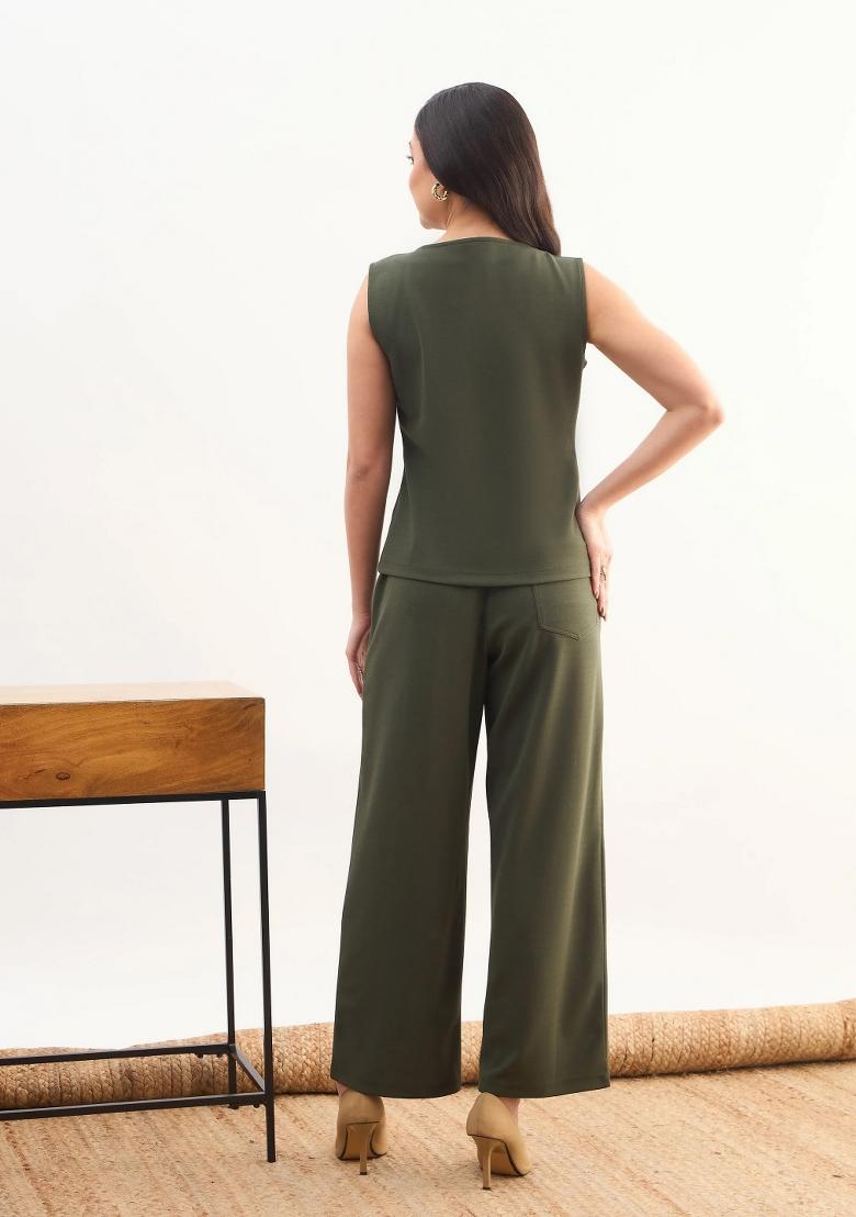 Olive Solid Polyester Co Ords Set - Indya