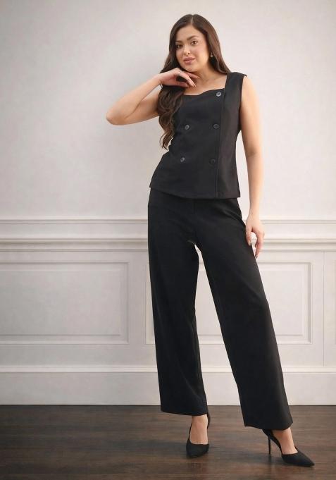 Black Solid Polyester Co Ords Set