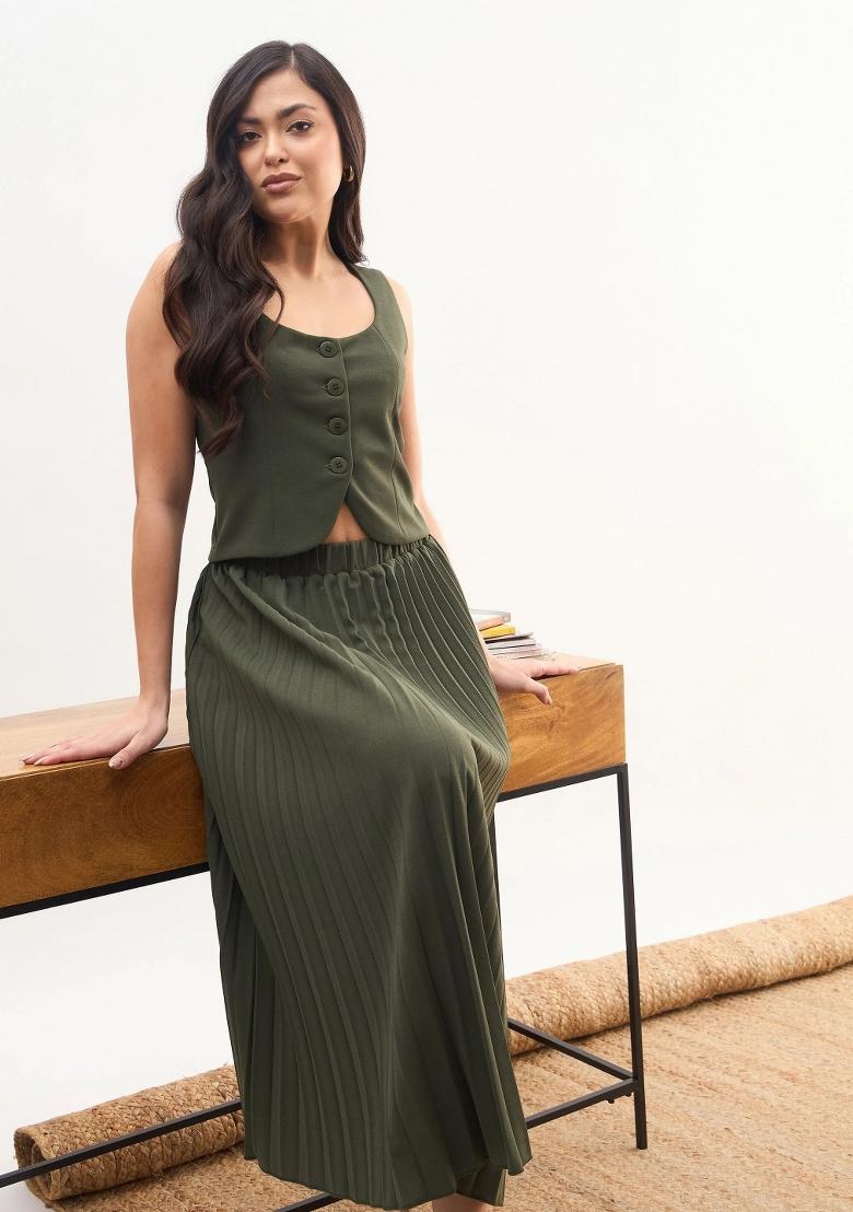 Olive Solid Polyester Co Ords Set - Indya