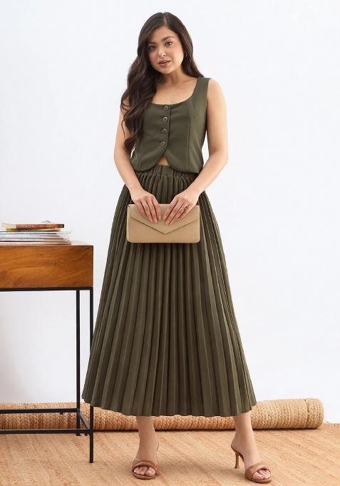 Olive Solid Polyester Co Ords Set