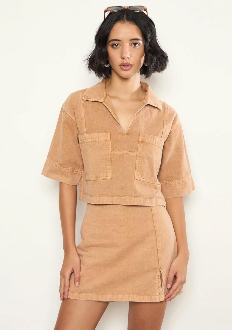 Beige Solid Cotton Co Ords Set - Indya