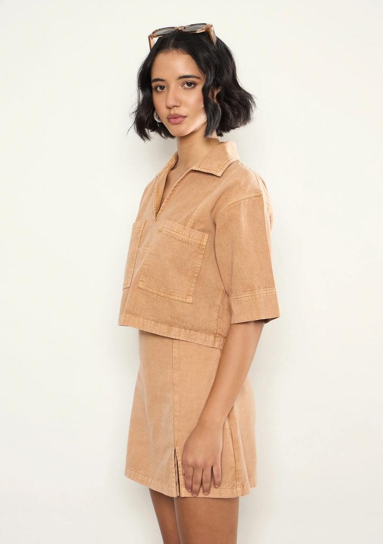 Beige Solid Cotton Co Ords Set - Indya