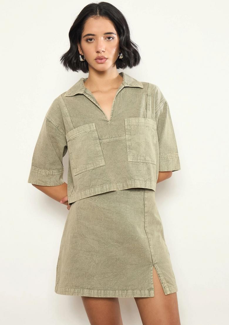 Olive Solid Cotton Co Ords Set - Indya