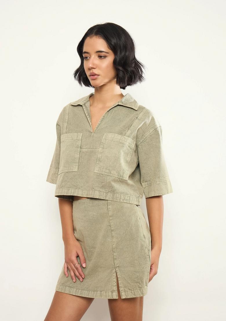 Olive Solid Cotton Co Ords Set - Indya