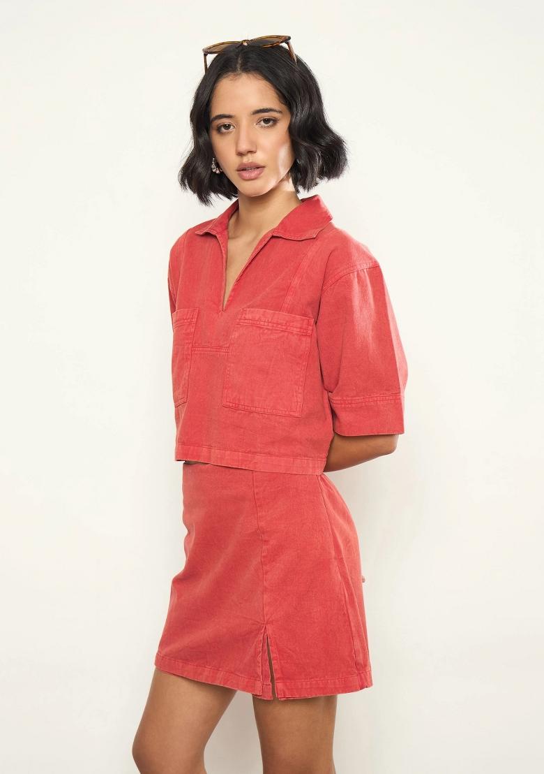 Red Solid Cotton Co Ords Set - Indya