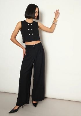 Black Solid Polyester Co Ords Set
