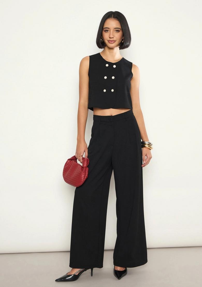 Black Solid Polyester Co Ords Set - Indya