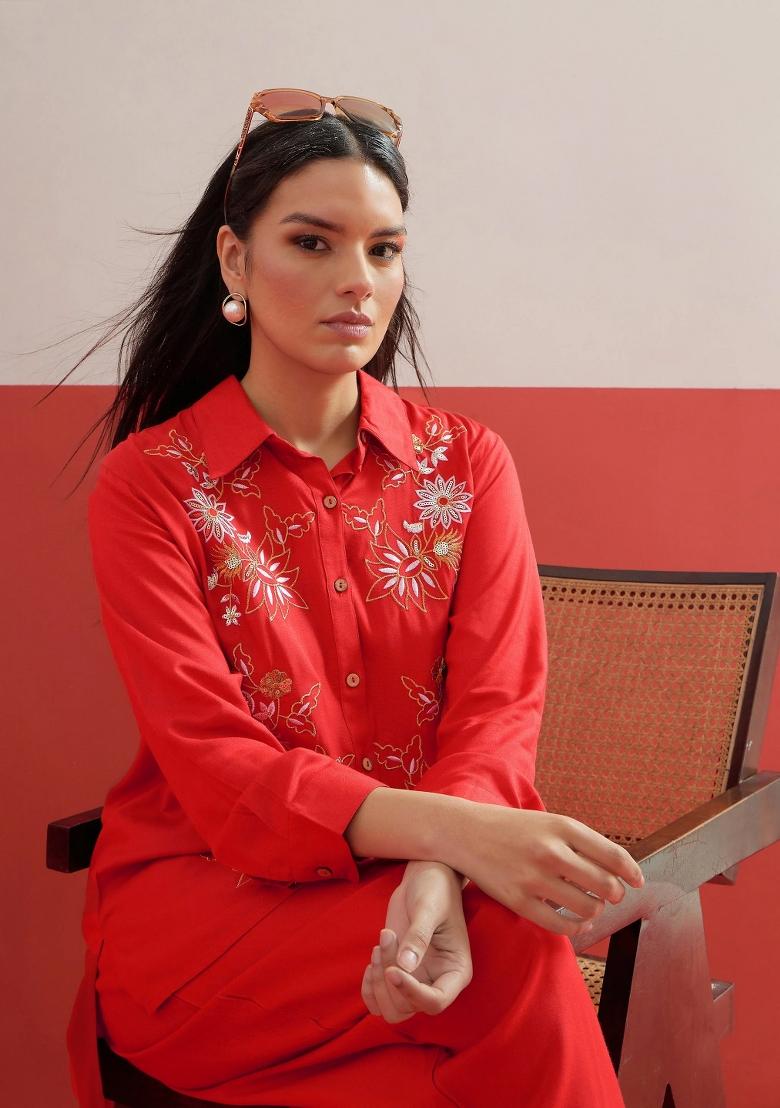 Red Solid Rayon Co Ords Set - Indya