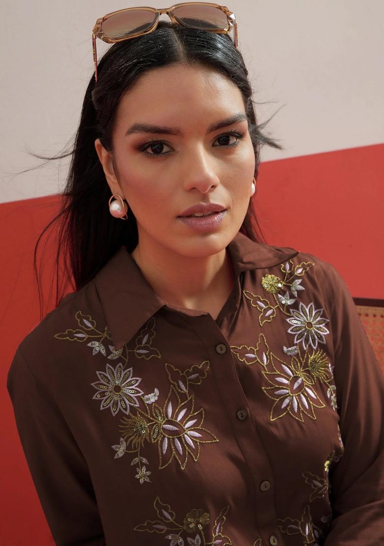 Brown Solid Rayon Co Ords Set - Indya