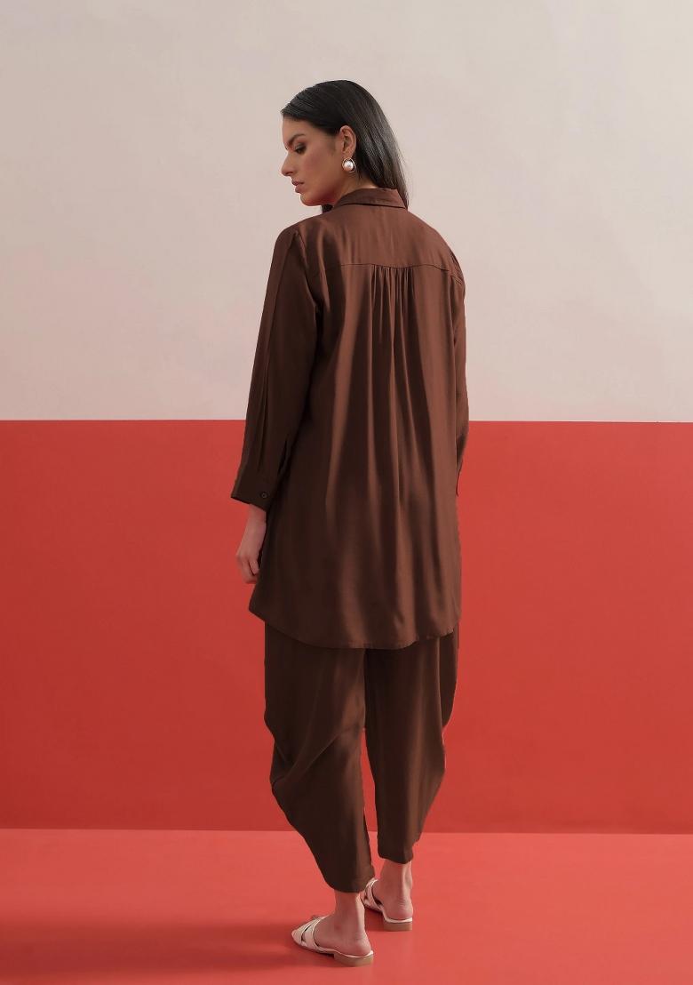 Brown Solid Rayon Co Ords Set - Indya