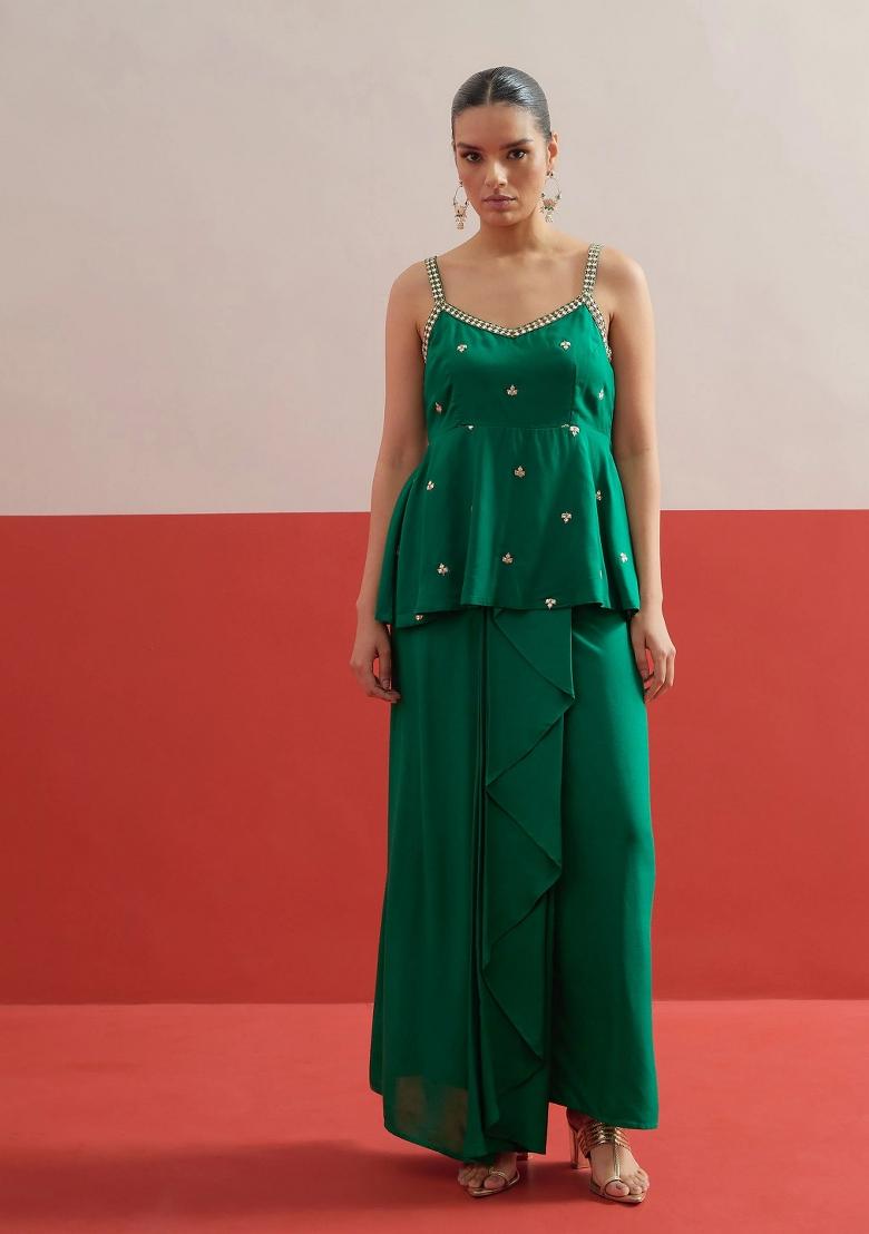 Green Solid Rayon Co Ords Set - Indya