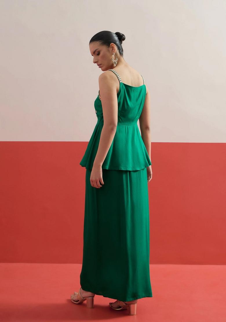 Green Solid Rayon Co Ords Set - Indya