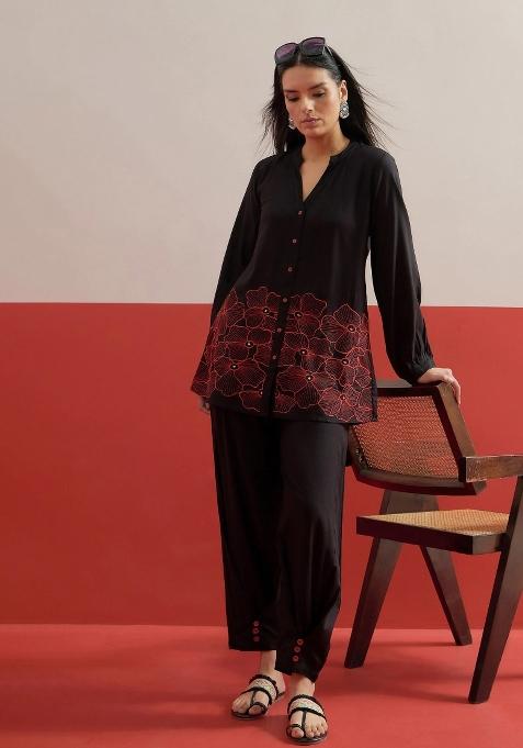 Black Solid Rayon Co Ords Set