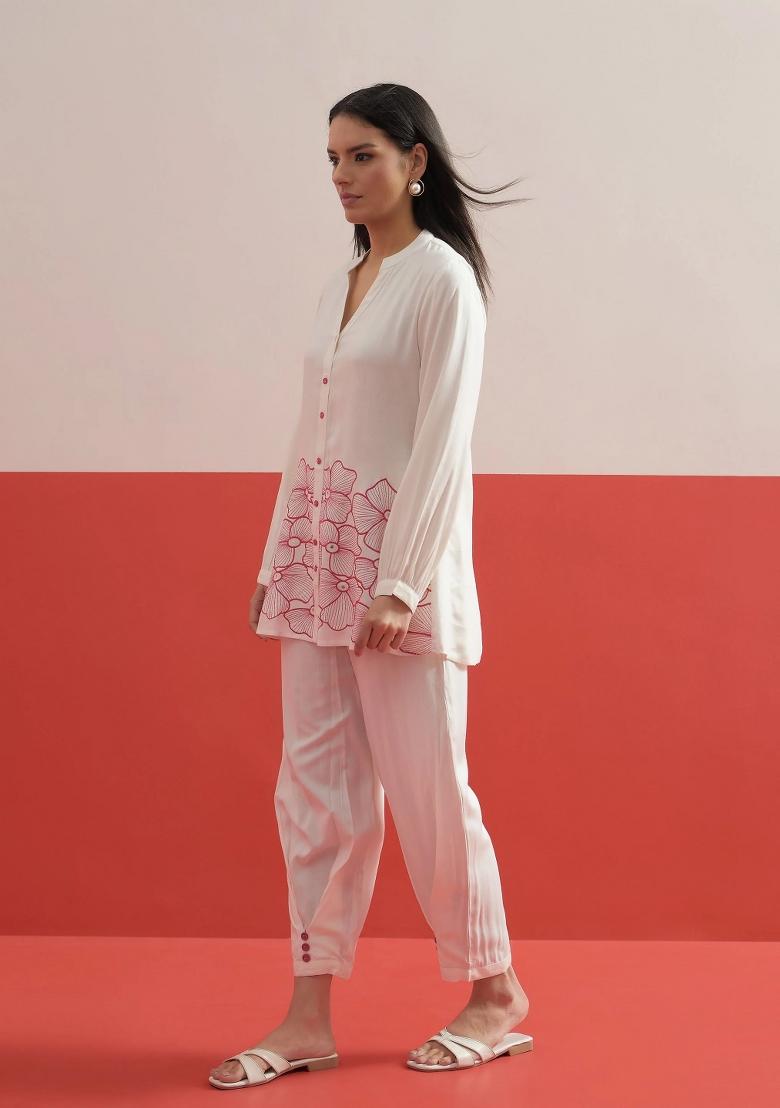White Solid Rayon Co Ords Set - Indya