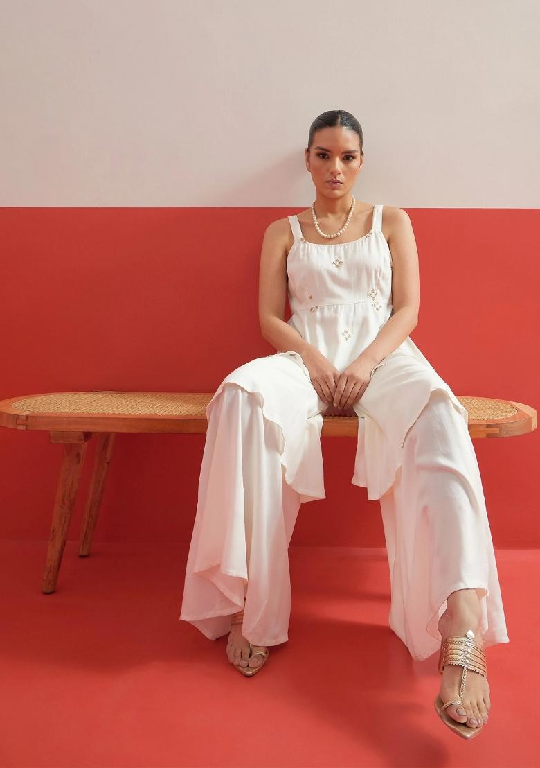 White Solid Rayon Co Ords Set - Indya
