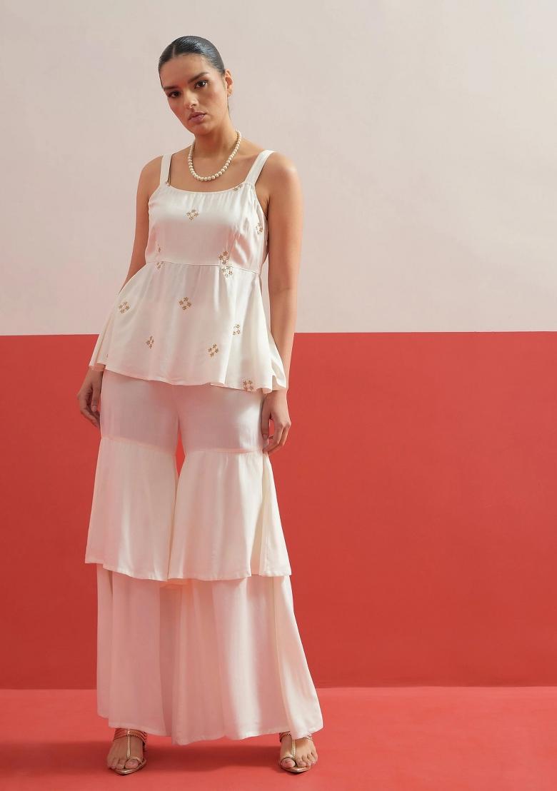 White Solid Rayon Co Ords Set - Indya