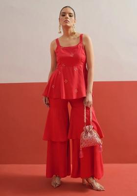 Red Solid Rayon Co Ords Set