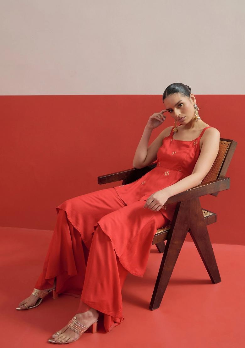 Red Solid Rayon Co Ords Set - Indya